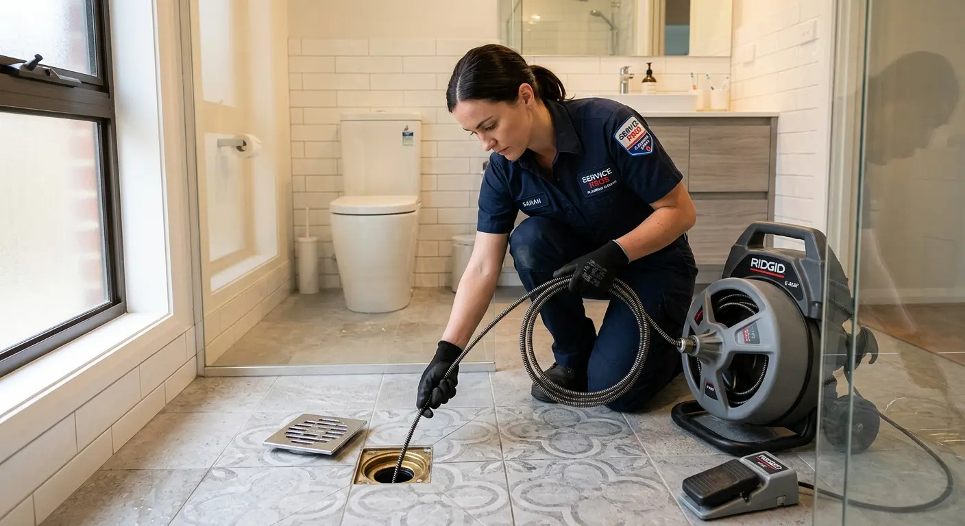 Technician clearing a bathroom floor drain for Hydro Jetting in Oviedo